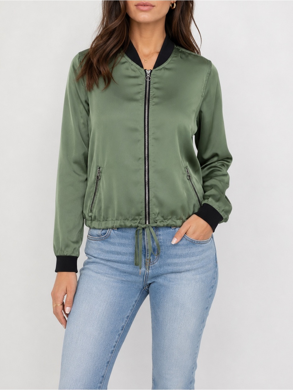 Cloud Chaser Olive Satin Bomber Jacket Black Trim Zip Front Drawstring Hem Small